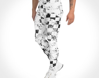 Leggings pour homme à motif damier abstrait, ligne d'arrivée | Leggings pour homme - noir et blanc