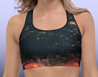 Racerback Sport BH mit Fiery Waves Muster, Fitness Top mit herausnehmbaren Polstern, Support Bra  Mittlere Belastung, Atmungsaktives Gym Top