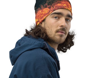 Printed beanie with fiery waves motif