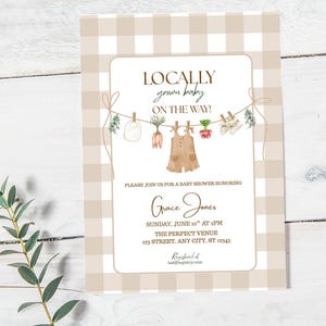 Locally Grown Baby Shower Invitation, Farmers Market Baby Shower Invite, Homegrown, Gender Neutral, Gingham, Rustic Farmhouse