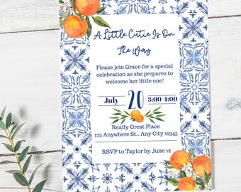 Inbjudan till babyshower med orange tema, könsneutral babyshowerinbjudan, tryckt eller direkt redigerbar mall