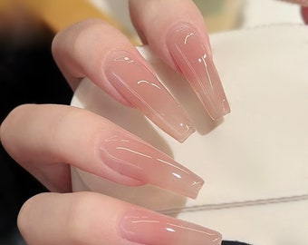 Pink Press On Nails, Coffin Press On Nails, Handmade Graceful Nail, Pure Color Nail