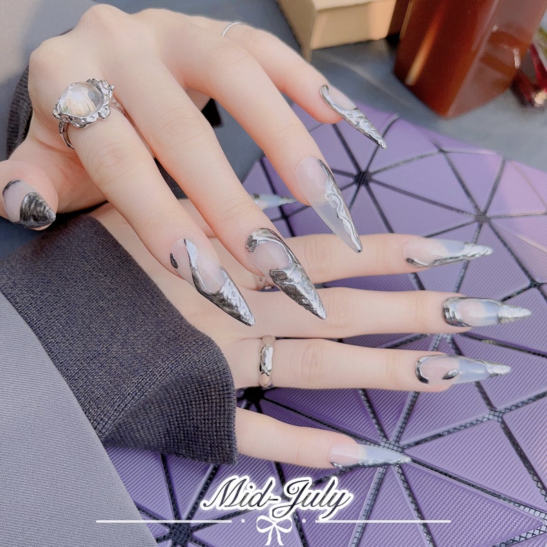Silver Press on Nails Y2K Fake Nails for Cool Girl Grey Etsy