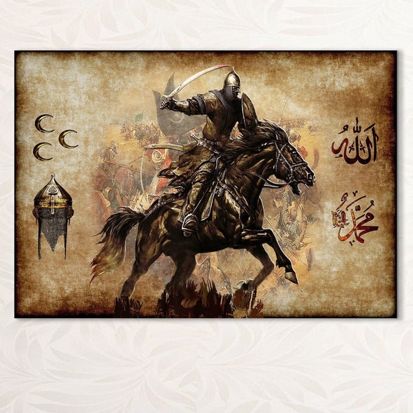 Guerrier turc équitation cheval toile, casque du sultan, Allah, Mahomet, 3 croissants toile Wall Art