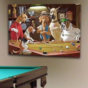 Dogs playing pool on discount black velvet