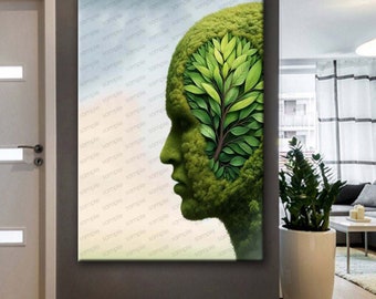 Human Face With Plant in His Mind Canvas Wall Art,Therapist , Psychology , Psychiatrist, Therapy Office Canvas Wall Art psk 79