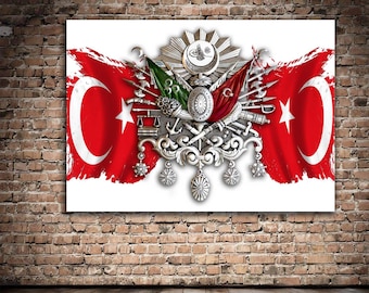 Turkish Flag With Ottoman Coat of Arms Wall Art , Canvas Wall Art