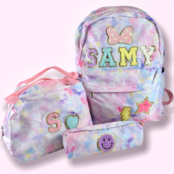 Custom Nylon school Backpack set with Chenille Letters Personalized backpack with patch letters girls Back to school