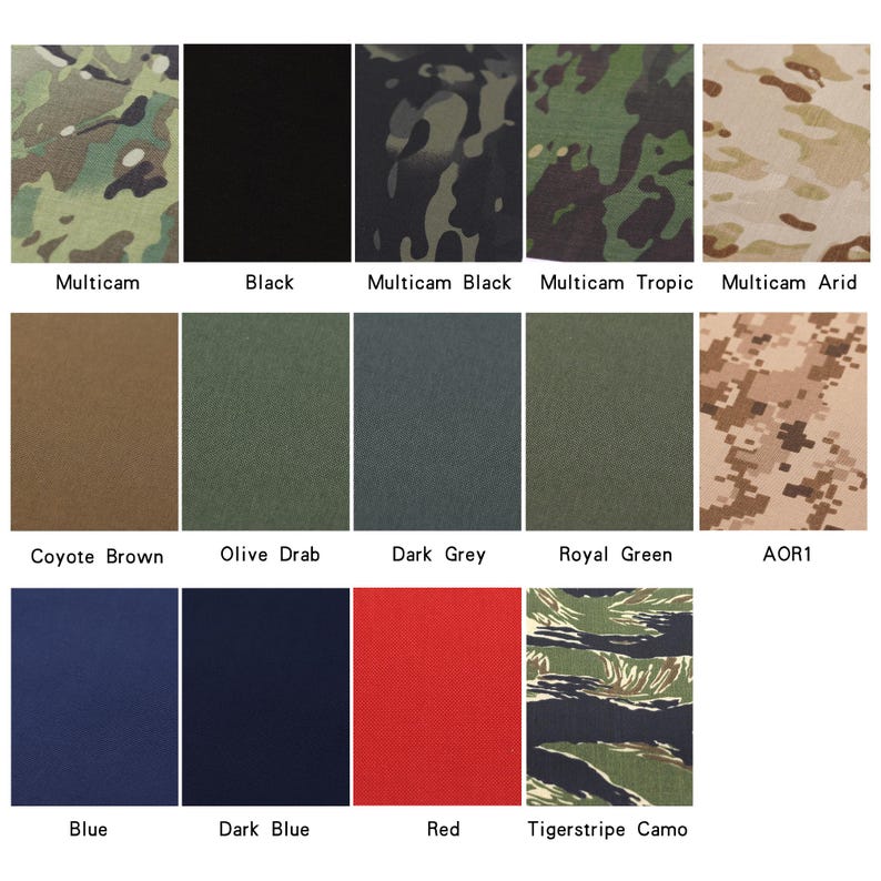 May include: A chart showing 12 different fabric swatches, including camouflage patterns like Multicam, Multicam Black, Multicam Tropic, and Multicam Arid, as well as solid colors like black, coyote brown, olive drab, dark grey, royal green, blue, dark blue, and red. The chart also includes a tigerstripe camo pattern.