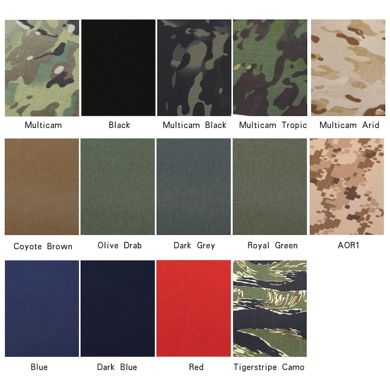 May include: A chart showing 12 different fabric swatches, including camouflage patterns like Multicam, Multicam Black, Multicam Tropic, and Multicam Arid, as well as solid colors like black, coyote brown, olive drab, dark grey, royal green, blue, dark blue, and red. The chart also includes a tigerstripe camo pattern.