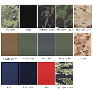 Pode incluir: Uma cole&ccedil;&atilde;o de amostras de tecido em v&aacute;rias cores e padr&otilde;es. As cores incluem preto, azul, vermelho, verde e castanho. Os padr&otilde;es incluem camuflagem e cores s&oacute;lidas. Cada amostra tem uma etiqueta com o seu nome.