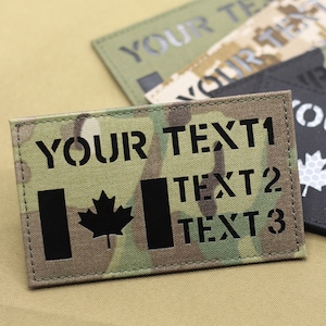 Könnte beinhalten: Ein schwarzer und grüner Tarnstoff-Patch mit einer kanadischen Flagge und dem Text "YOUR TEXT1", "TEXT 2" und "TEXT 3".