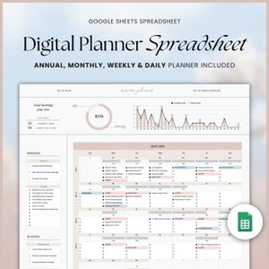 May include: A digital planner spreadsheet in Google Sheets with a pink and white color scheme. The spreadsheet includes a daily, weekly, monthly, and annual planner. The spreadsheet also includes a progress bar and a chart showing completed tasks.