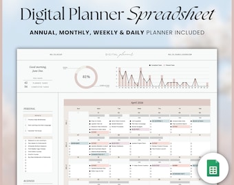 May include: A digital planner spreadsheet in Google Sheets with a pink and white colour scheme. The spreadsheet includes a daily, weekly, monthly, and annual planner. The spreadsheet also includes a progress bar and a chart showing completed tasks.