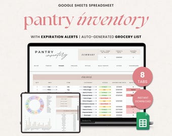 Pantry Inventory Google Sheets Spreadsheet, Editable Pantry Inventory Grocery List Template, Food Inventory Pantry Management Tracker Sheet
