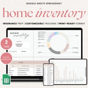 Home Inventory Tracker Spreadsheet Insurance, Google Sheets Inventory Asset Tracker Spreadsheet, Personal Home Property, Disaster Prep