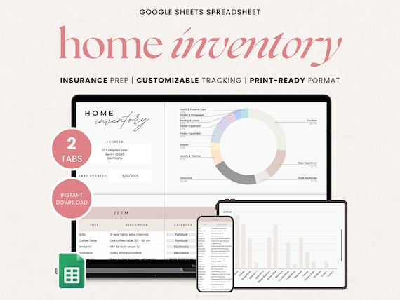 Home Inventory Tracker Spreadsheet Insurance, Google Sheets Inventory Asset Tracker Spreadsheet, Personal Home Property, Disaster Prep