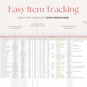May include: A digital item tracking spreadsheet with the text "Easy Item Tracking". The spreadsheet includes sections for item details, purchase information, and notes. It allows users to set custom rooms and categories, log costs, and link receipts.
