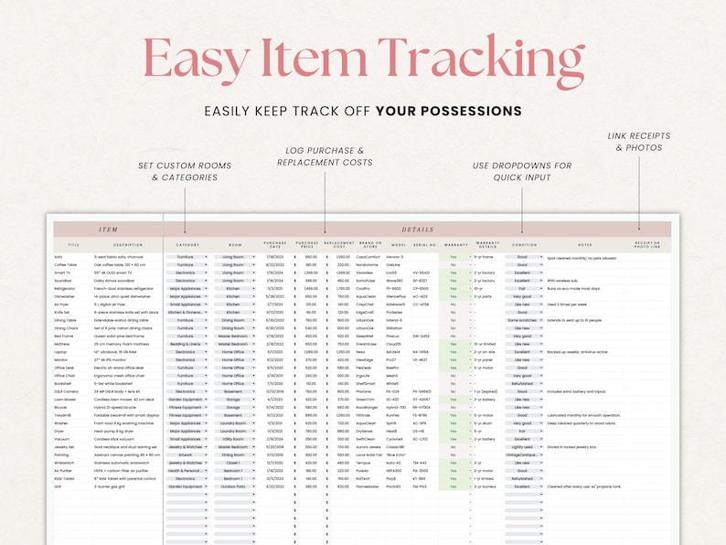 May include: A digital item tracking spreadsheet with the text "Easy Item Tracking". The spreadsheet includes sections for item details, purchase information, and notes. It allows users to set custom rooms and categories, log costs, and link receipts.
