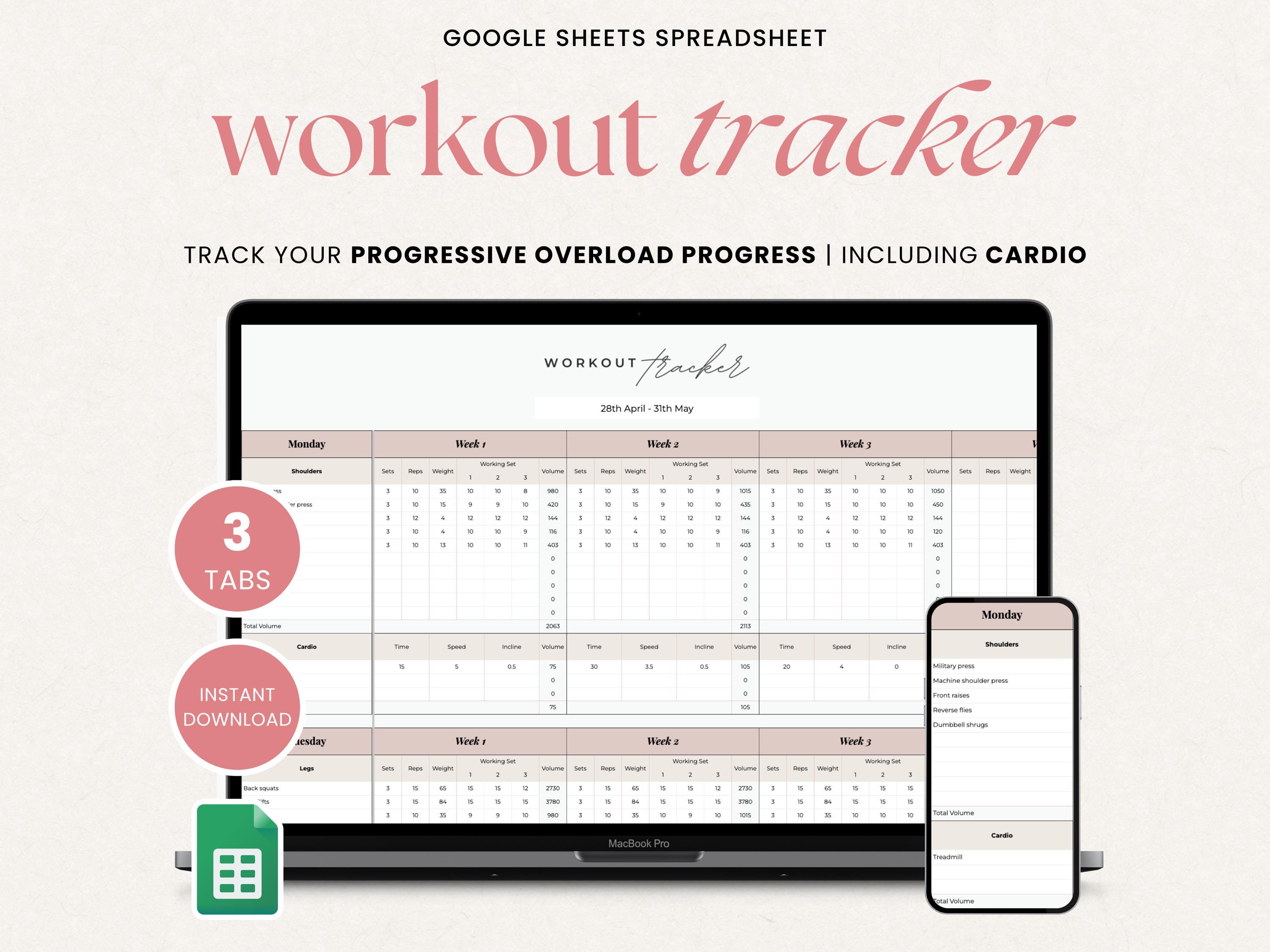 Workout Tracker: Progressive Overload Spreadsheet (Google Sheets) (Digital Download)