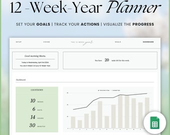 12 Week Year Planner Google Sheets, Goal Tracker Spreadsheet, Quarterly Goals Planner Google Sheets Spreadsheet Template, 90 Day Planner