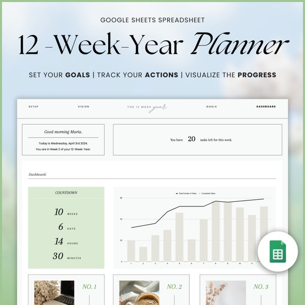 12 Week Year Planner Google Sheets, Goal Tracker Spreadsheet, Quarterly Goals Planner Google Sheets Spreadsheet Template, 90 Day Planner