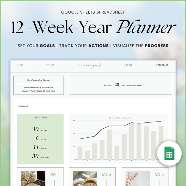 Planificateur annuel de 12 semaines Google Sheets, feuille de calcul de suivi des objectifs, planificateur d'objectifs trimestriels, modèle de feuille de calcul Google Sheets, agenda de 90 jours