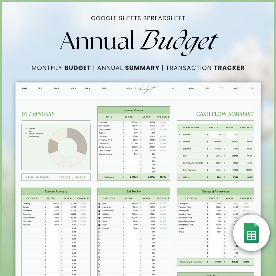 Annual Budget Spreadsheet Google Sheet, Monthly Income Expense Bill ...
