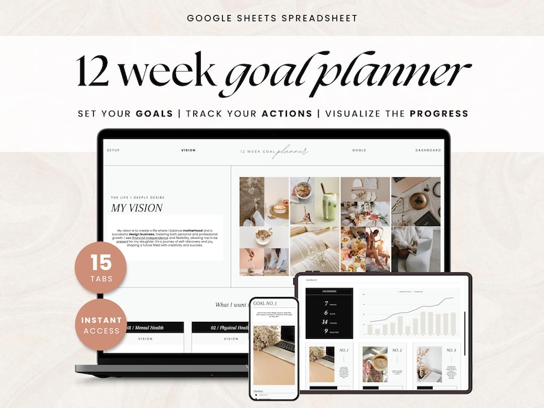12 Week Goal Planner Google Sheets, Goal Tracker Spreadsheet, Quarterly Goals Planner Google Sheets Spreadsheet Template, 90 Day Planner afbeelding 1