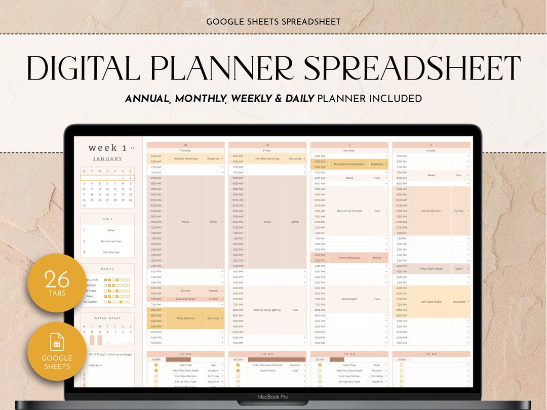 Spreadsheet Planner Google Sheets Digital Planner Annual Planner Daily