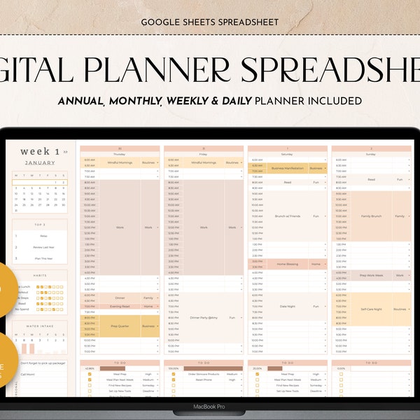 Spreadsheet Planner | Google Sheets Digital Planner | Annual Planner | Daily To Do List | Daily Schedule | Sheets Template | Instant Access