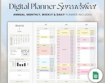 Daily Weekly Monthly Spreadsheet Planner, Google Sheets Digital Planner, Annual Planner, Daily To Do List, Daily Schedule Sheets Template