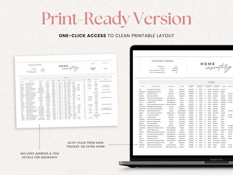 May include: A digital home inventory template displayed on a laptop and a printed sheet. The documents feature a clean, minimalist design with the words "Home Inventory" in elegant script. Text includes "Print-Ready Version" and "One-Click Access to Clean Printable Layout."