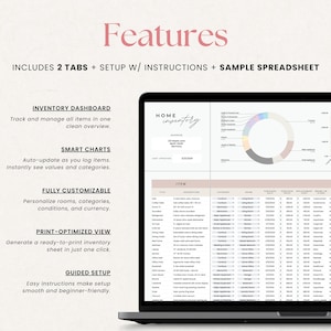 May include: A laptop screen displays a digital inventory spreadsheet with the title "Home Inventory." The screen shows charts, tables, and the text "Features," "Inventory Dashboard," "Smart Charts," "Fully Customizable," "Print-Optimized View," and "Guided Setup."