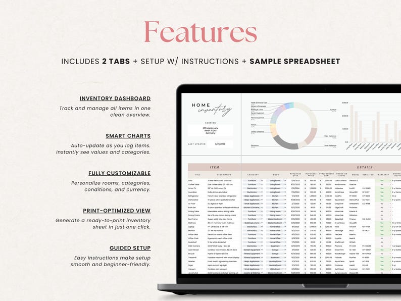 May include: A laptop screen displays a digital inventory spreadsheet with the title "Home Inventory." The screen shows charts, tables, and the text "Features," "Inventory Dashboard," "Smart Charts," "Fully Customizable," "Print-Optimized View," and "Guided Setup."