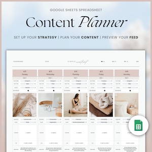 May include: A Google Sheets spreadsheet with a content planner template. The spreadsheet is divided into sections for each day of the week, with columns for platform, post type, status, feed preview, intention, pillar, caption, CTA, hashtags, and notes. The spreadsheet is designed to help users plan and schedule their social media content.