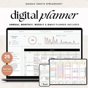 May include: A digital planner displayed on a laptop, tablet, and phone. The screen shows a spreadsheet with charts and graphs. The text "digital planner" is in a stylish font. Includes annual, monthly, weekly, and daily planner options.