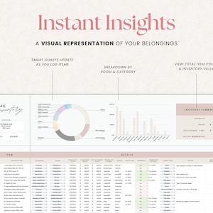 May include: A digital home inventory spreadsheet with the title "Instant Insights" and the text "A visual representation of your belongings." The spreadsheet includes charts, item details, and an inventory summary.