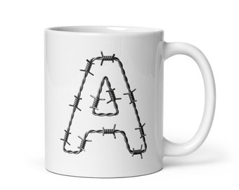 Barbed Wire Letters Alphabet Initial Mug - Monogram Coffee / Tea Mug - Cool Birthday & Christmas Gifts for Punk, Goth, Emo and Metal fans