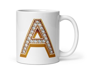 Gold Diamond Bling Letters Alphabet Initial Mug - Monogram Coffee / Tea Mug - Cool Birthday & Christmas Gifts for Gangstas.