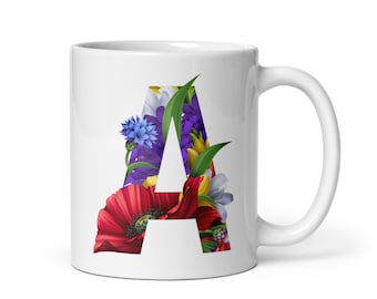 Colourful Floral Letters Alphabet Initial Mug - Monogram Coffee / Tea Mug - Cool Birthday & Christmas Gifts for Romantics
