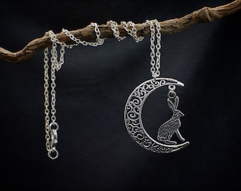 Crescent Moon And Hare Necklace, Silver Celestial Jewelery, Gift For Her, Mothers Day Gift, Gift Box Included