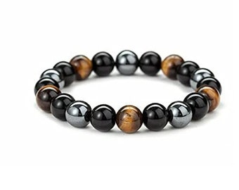 Triple Protection Bracelet, Natural Hematite, Tiger Eye, Black Onyx Gemstone Crystal Beads Stretch Hand Band / Bracelet Meditation Yoga