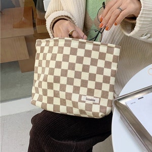 Brown Checkered Makeup Bag, BAGCRAZY Cosmetic Travel Bag. B1