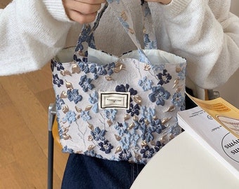 Petit sac à main Floral Jacquard fait à la main, sac en toile, sac de boîte à lunch, sac à provisions recyclable, sac fourre-tout, cadeaux pour elle, personnalisable