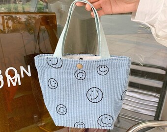 Handmade Preppy Smiley Face Plaid Dot Handbag,Canvas Bag,Lunch Box Bag,Recyclable Shopping bag, School girl,Fresh,Gifts for her,Customizable