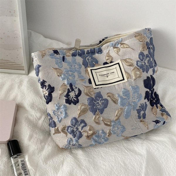 Bolso de maquillaje floral en relieve francés hecho a mano, bolso de lápiz, bolso de cosméticos, bolso de maquillaje, organizador de maquillaje, bolso de tocador, bolso de embrague, su regalo, personalizable