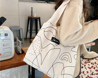 Handmade Japanese Korean Style Chic Canvas Shoulder Bag, Gift for her, Shoulder Bag, Shopping Bag, Everyday Bag, Tote Bag, Customization