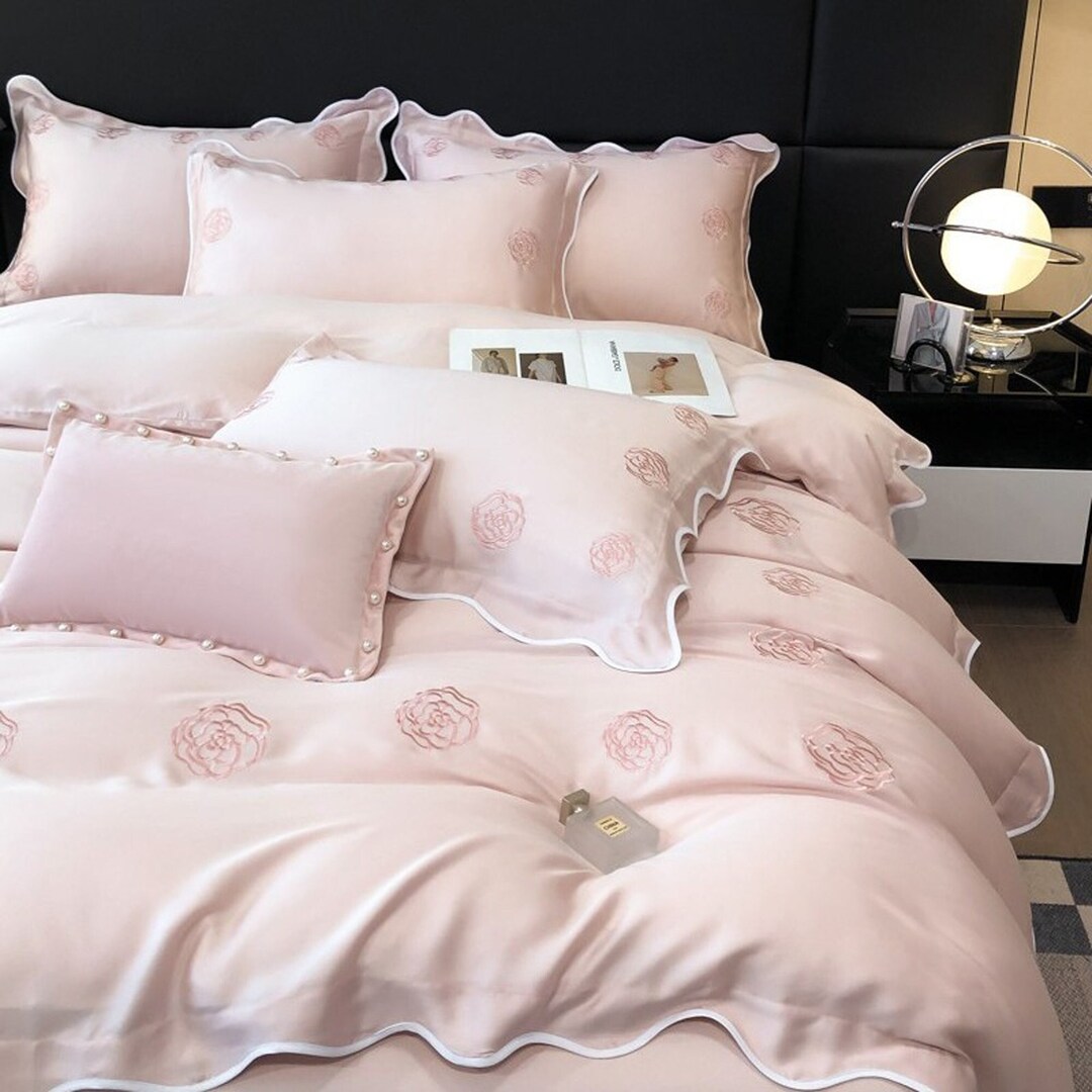 Lyocell Pink Flower Ruffle Duvet Covers Embroidered Floral Etsy