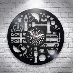 Reloj de pared redondo con disco de vinilo de Londres, regalo para amantes de los viajes, arte de pared del Reino Unido, ideas de decoración para sala de estar, obra de arte de Londres, regalo de Año Nuevo para mujeres